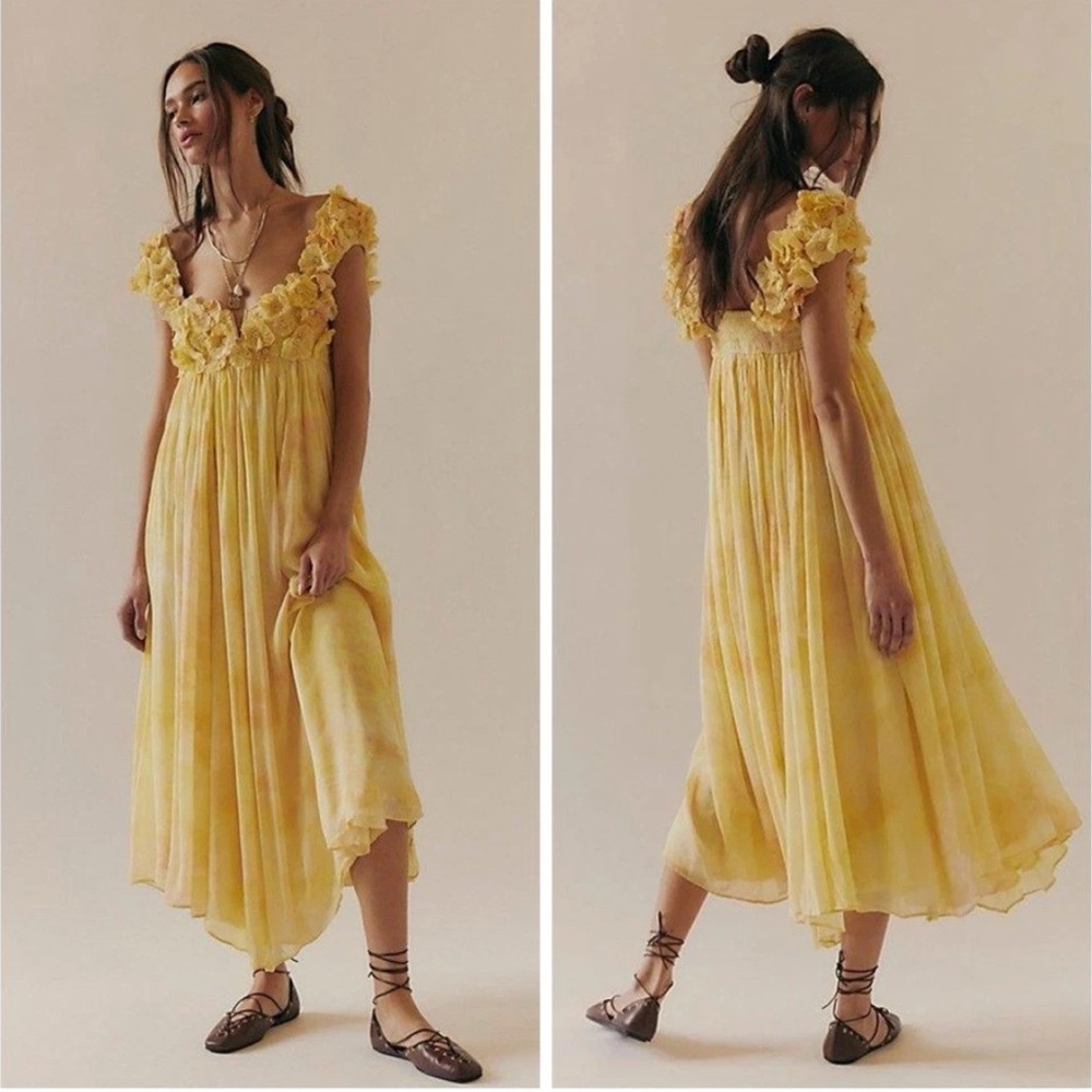Free People Mango Mambo Maxi Dress Floral Applique 3D Yellow Small